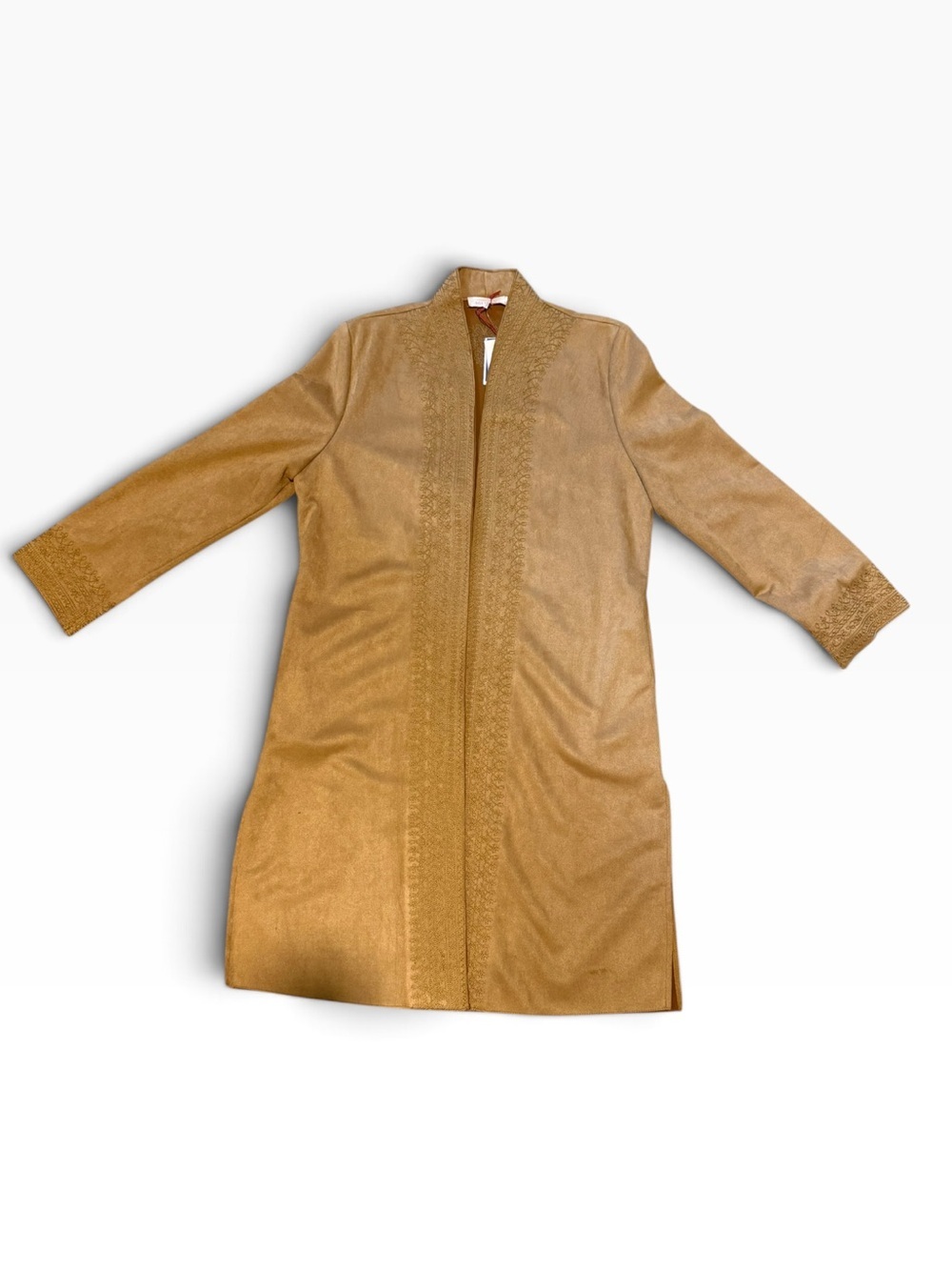 Solitaire Camel Faux Suede Embroidered Long Jacket – Size Medium